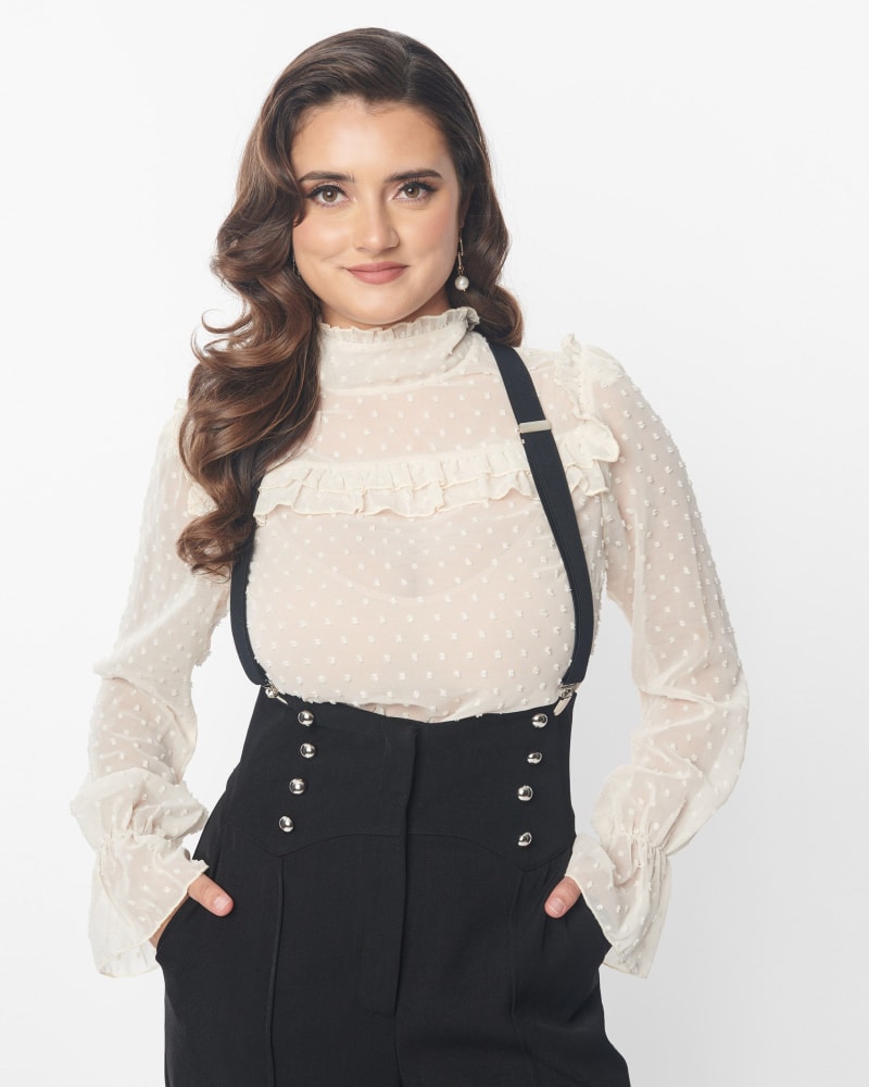 Front of a model wearing a size XL Unique Vintage Ivory Clip Dot Donna Blouse in Ivory by Unique Vintage. | dia_product_style_image_id:315201